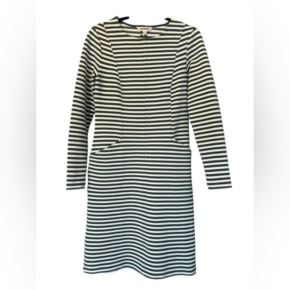 Boden mogen Breton Long Sleeve Green White Stretch Dress with Pockets Size 4L - Picture 3 of 6
